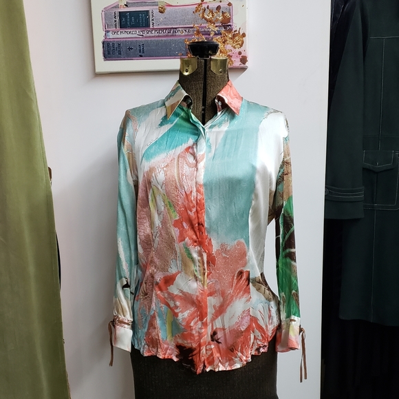 Roberto Cavalli Tops - Roberto Cavelli Multi-Color Silk Button Down Shirt